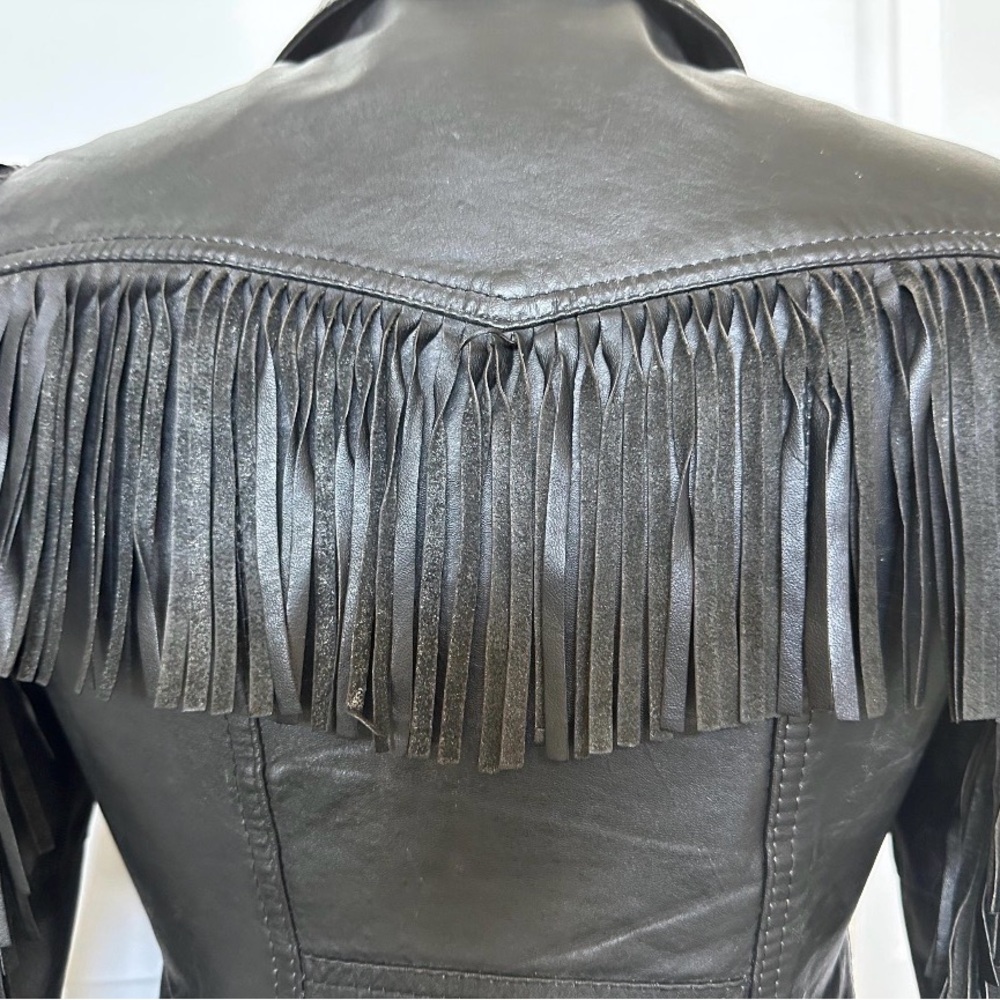 Women's Black Leather Fringe vintage Jacket XS